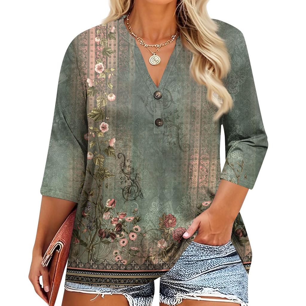 Plus Size Women's Fashion Casual Vintage Print V-Neck 3/4 Sleeve Button T-Shirt Top