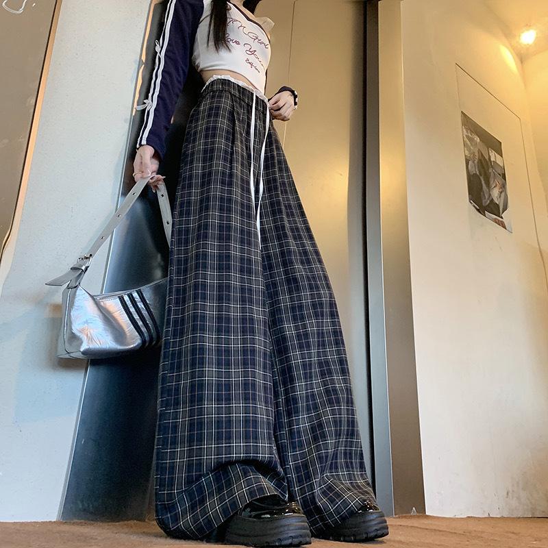 American Plaid Wide-leg Pants for Women In Autumn High-waist Loose Casual Pants Straight Floor Pants