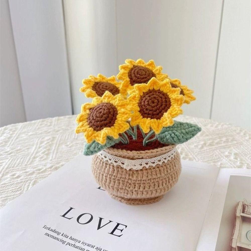 Handmade Woolen Yarn Flowers Crochet Knitting Kit No Finish Tulip Potted Flower Desktop Ornament