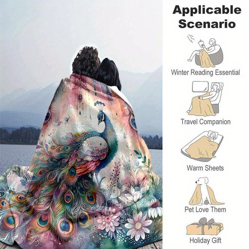 1pc Peacock & Flowers Blanket  Soft Throw for Home Decor, Gift Idea