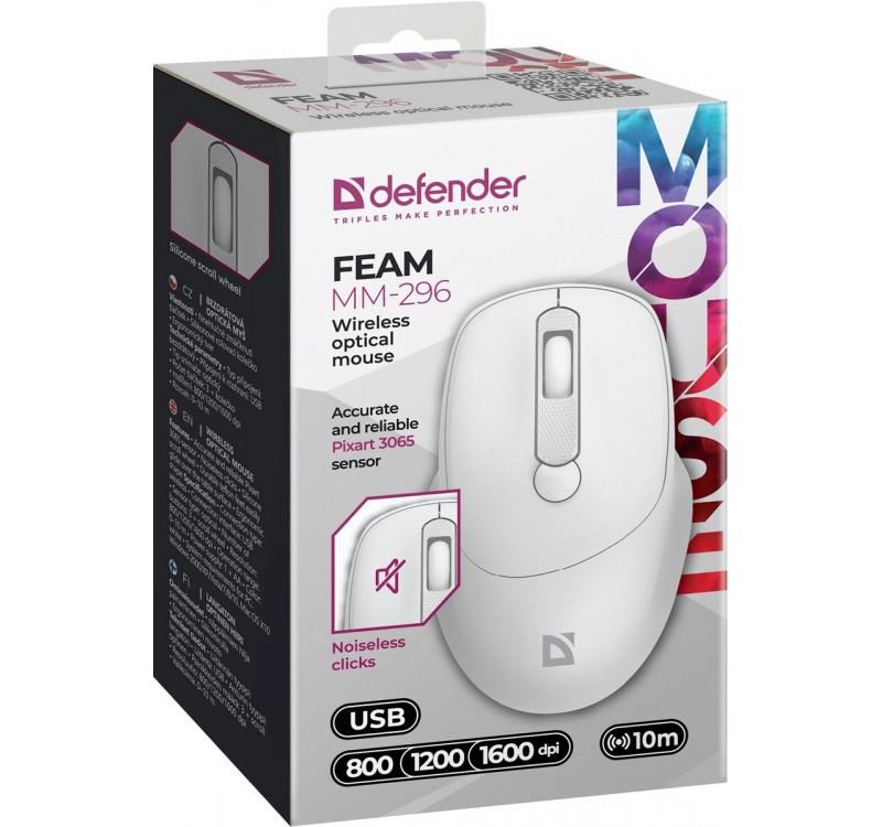 Mysz bezprzewodowa Defender FEAM MM-296 optyczna bezklikowa silent 1600dpi biała