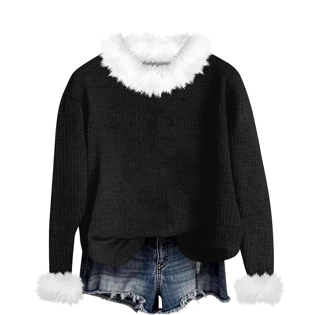 Свитшоты для женщин Вязаный свитер Милая рубашка Осенний круглый вырез Пуловер с меховым воротником Топы