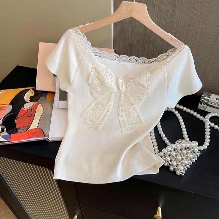 White Off Shoulder Lace Bow Short Sleeve Slim Fitted Crop Top