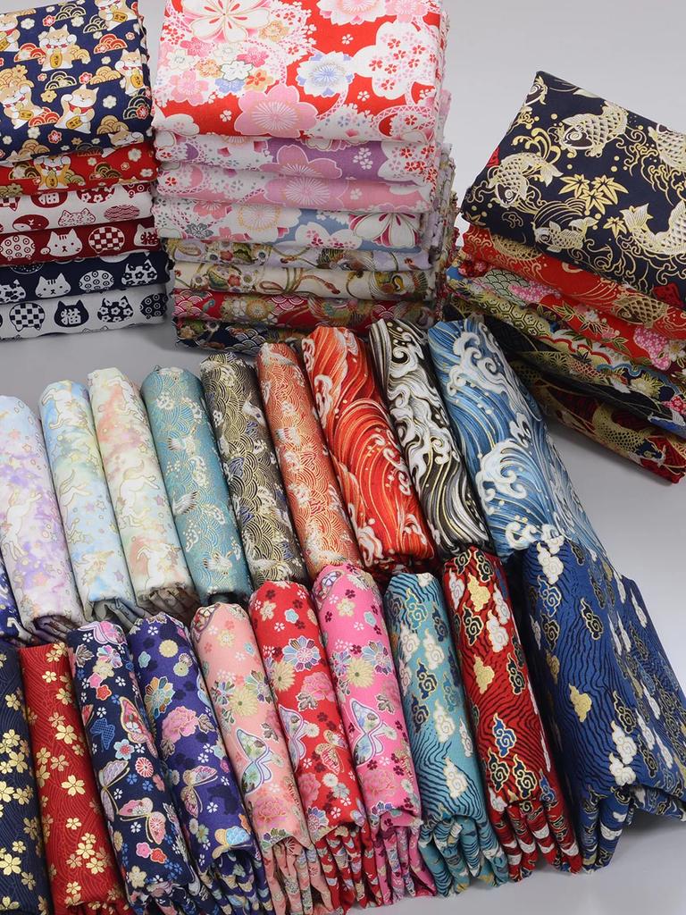 Ткань в японском стиле, чистый хлопок, с принтом, на метр, для одежды, ханьфу, скатерти, сумки, ручной работы, DIY, швейная ткань, бронзирование, синий