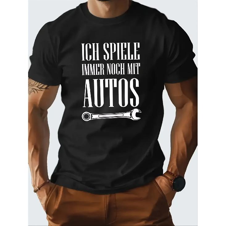 Men's German Car Mechanic T-Shirt with "I Still Play with Cars" Slogan & Auto Tools Design - German Text (Vehicle Diagrams for non-visual tools) -