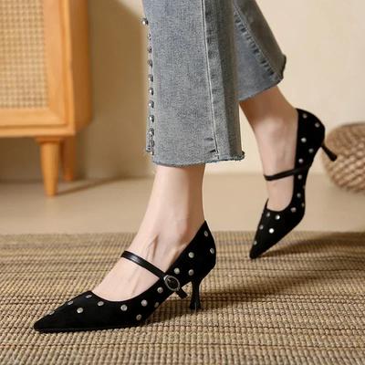 Модные дизайнерские туфли-лодочки на высоком каблуке с заклепками, женские элегантные офисные туфли с острым носком, весенне-осенняя мода, замшевые туфли-мюли на низком каблуке, женские