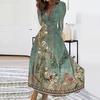 Women Elegant Floral Print Maxi Dress V-neck Waist Gown Long Sleeve High Dress A-Line Long Dress Streetwear