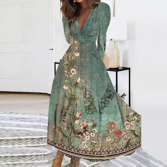 Women Elegant Floral Print Maxi Dress V-neck Waist Gown Long Sleeve High Dress A-Line Long Dress Streetwear