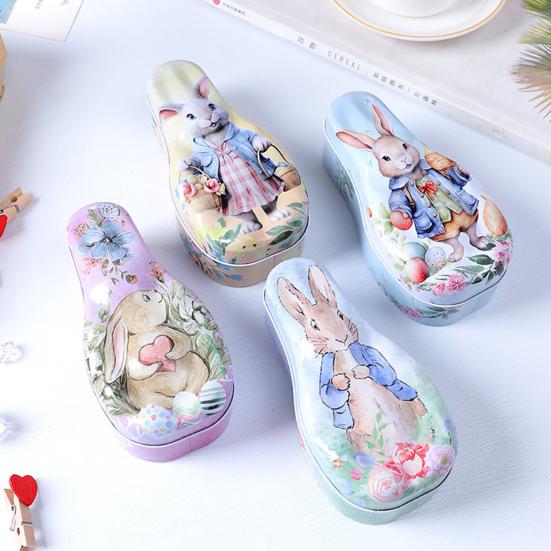 Easter Tinplate Candy Box Bunny Pattern Cookie Biscuit Storage Tin Metal Empty Chocolate Treat Packaging Container Easter Gift Box with Lid for