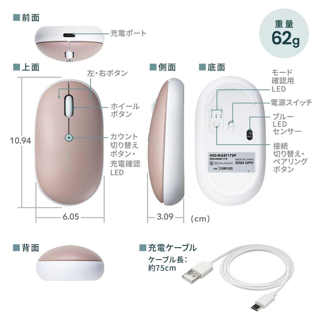 Sanwa Direct Bluetooth Fast Gray Mouse, Slim, Quiet, Rechargeable, Type-C, Charging, Multi-Pairing, Lightweight, Portable, (400-MABT178GYN)