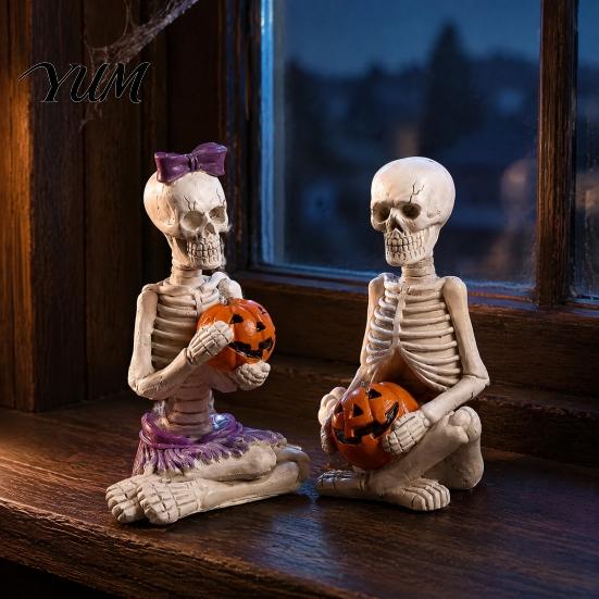 Halloween Party Props 2Pcs/Set Couple Skeleton Statues, with Pumpkin Figurines, Men Spooky Home Decor Women Ornaments for Table Mantel Shelf