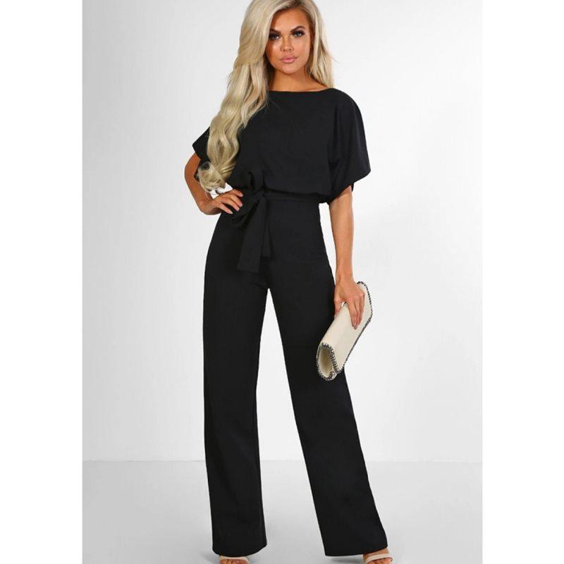 Jumpsuit Women Summer Short Sleeve Casual One Piece Romper Lady Slim Waist Long Overalls
