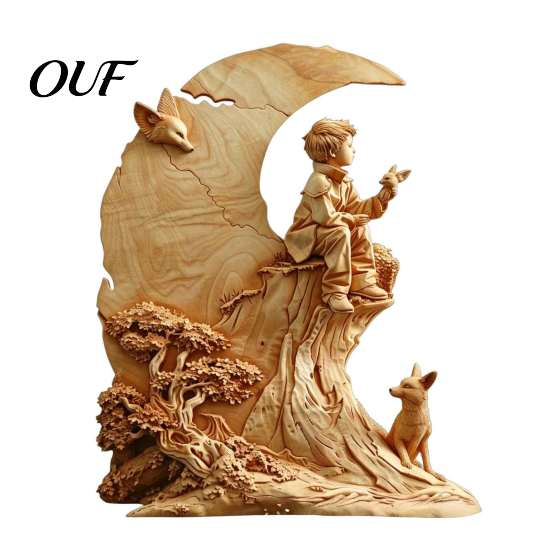 Holiday Window Decorations Fairy Tale Little Boy and Fox Wooden Figurine, Rustic Desktop Statue, Artistic Carved Detailed Animal Sculptures Sculpture