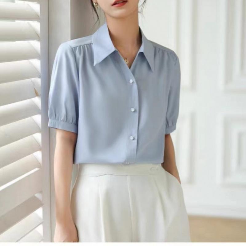 Синяя рубашка с короткими рукавами, женская летняя рубашка с V-образным вырезом, профессиональный темперамент, формальное платье, свободный топ с рукавами-фонариками