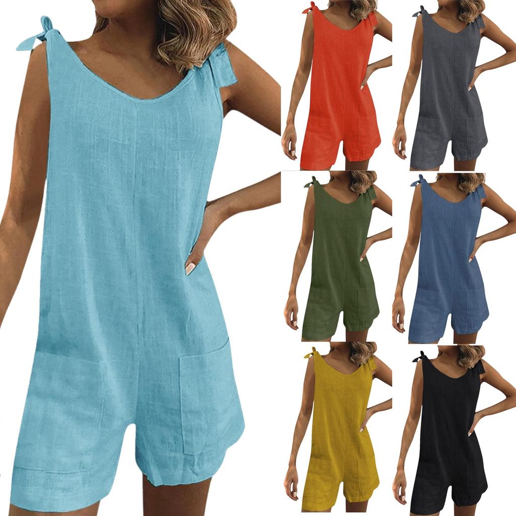 Women's Casual Loose Solid Color Overalls With Pockets And Sleeveless Jumpsuit Jumpsuit