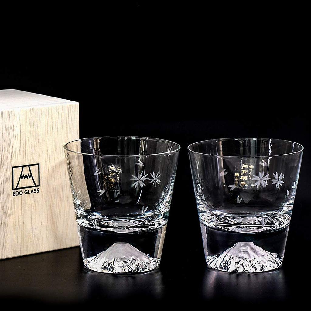 Fuji Tajima Glass Sakura Rocks Glasses x 2 Pair Set Grand Prix Edo Edo 60th Overseas Celebration Made in Paulownia Wood Includes Views of Mount Fuji x