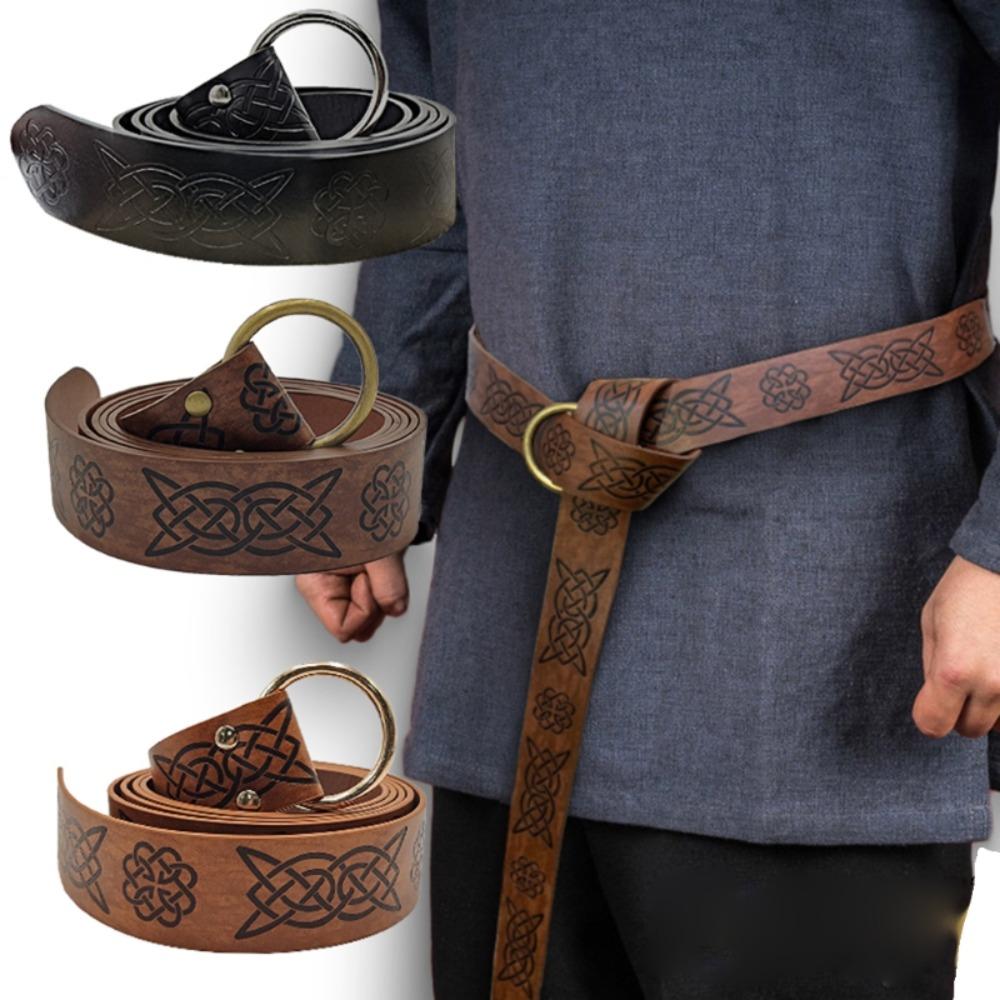 Medieval Embossed Leather Belt O Ring Buckle Waistband Knight Belts Viking Vegvisir Pants Bands