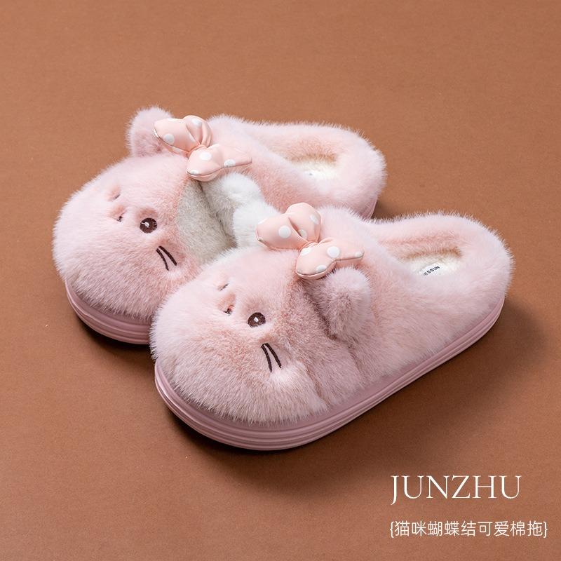 Новые мультяшные хлопковые тапочки с кошкой, домашние плюшевые тапочки для помещений, нескользящие теплые домашние хлопковые тапочки