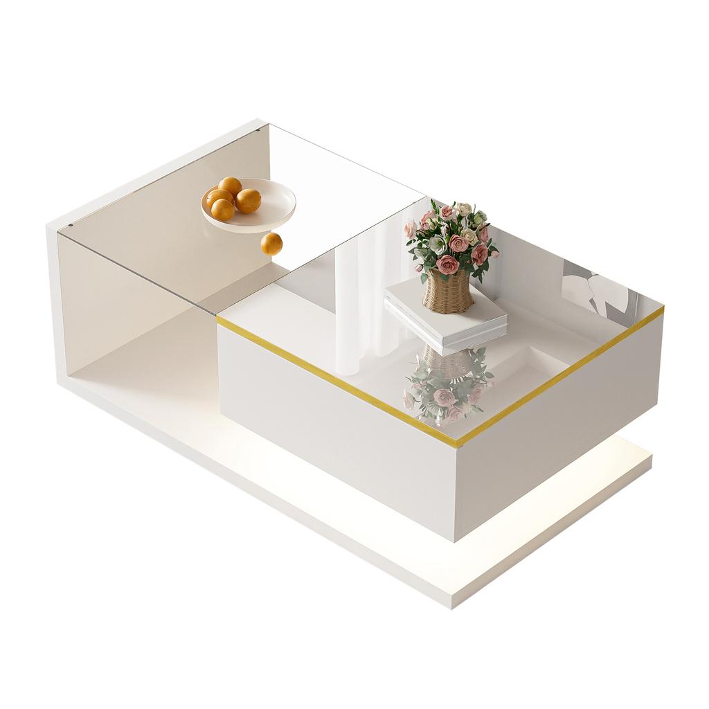 90 cm Long Coffee Table, High-Gloss White. Side Tables, Coffee Tables with Glass and LED Effect