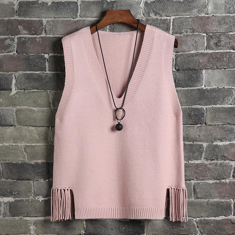 Sweater Vest Women Y2k Hem Fringed Crop Knit Vest Women Vintage Top Loose Pullover Jumper V-neck Solid Waistcoat Spring Autumn