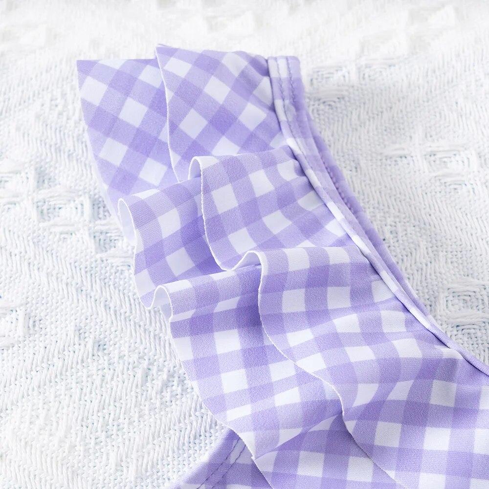 Модный цельный купальник в клетку для девочек-подростков с наклонными плечами, летние детские купальники для детей 5-14 лет, купальный костюм с рюшами для девочек