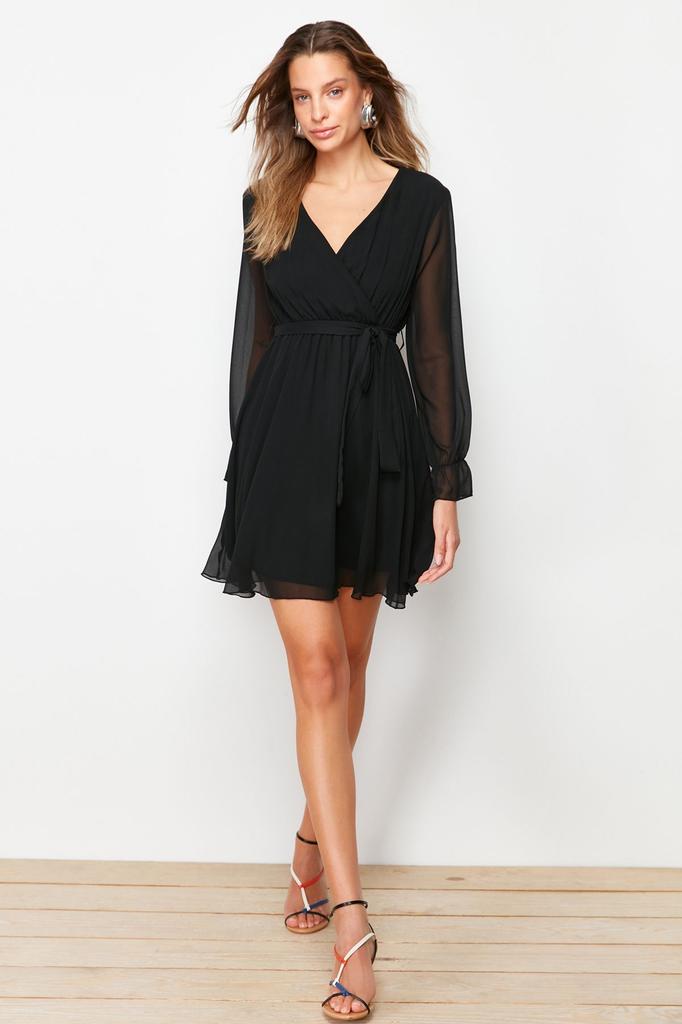 Женское стильное платье Черное двубортное тканое платье с поясом