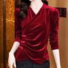 Autumn New Fashion Temperament Versatile Cross V-neck Velvet Buckle Long-sleeved Chic Women's Top