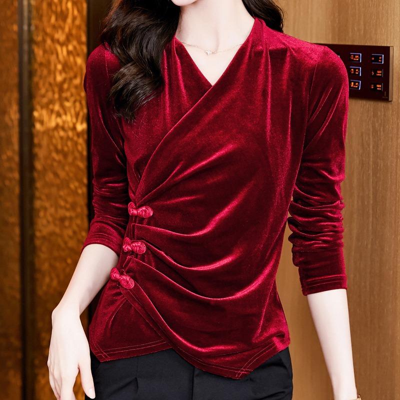 Autumn New Fashion Temperament Versatile Cross V-neck Velvet Buckle Long-sleeved Chic Women's Top