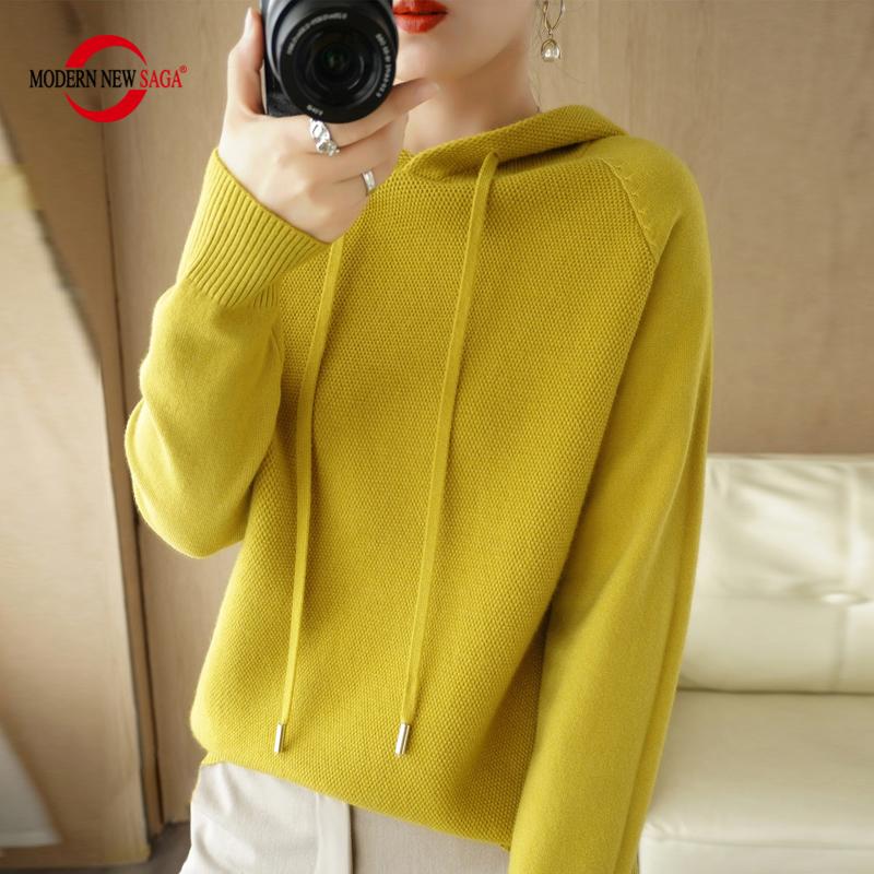 Women Knitted Hoodie Sweater MODERN NEW SAGA Winter Knitted Pullover Sweatshirt Autumn Soft Warm Wool Sweaters Female Jumper Knit Top