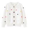 Детский свитер-кардиган с круглым вырезом, связанный крючком вручную, из чистого хлопка, весенне-осенний, с разноцветными шариками.