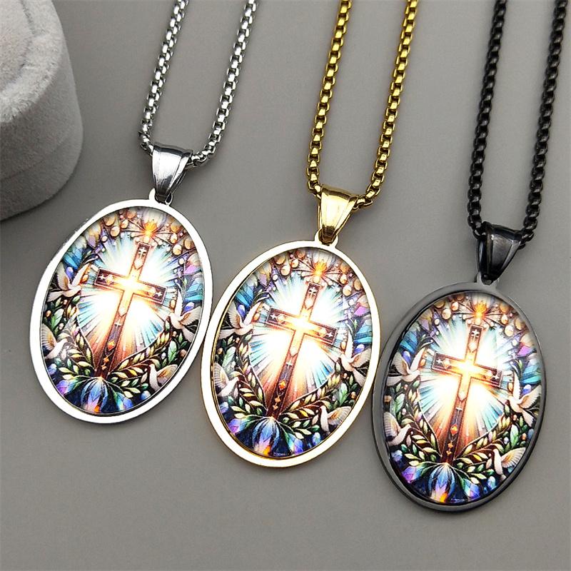 Dove Pigeon Cross Neck Chain For Women Men Stainless Steel Gold Color Glass Leaf Religion Catholic Necklace Jewelry Gifts