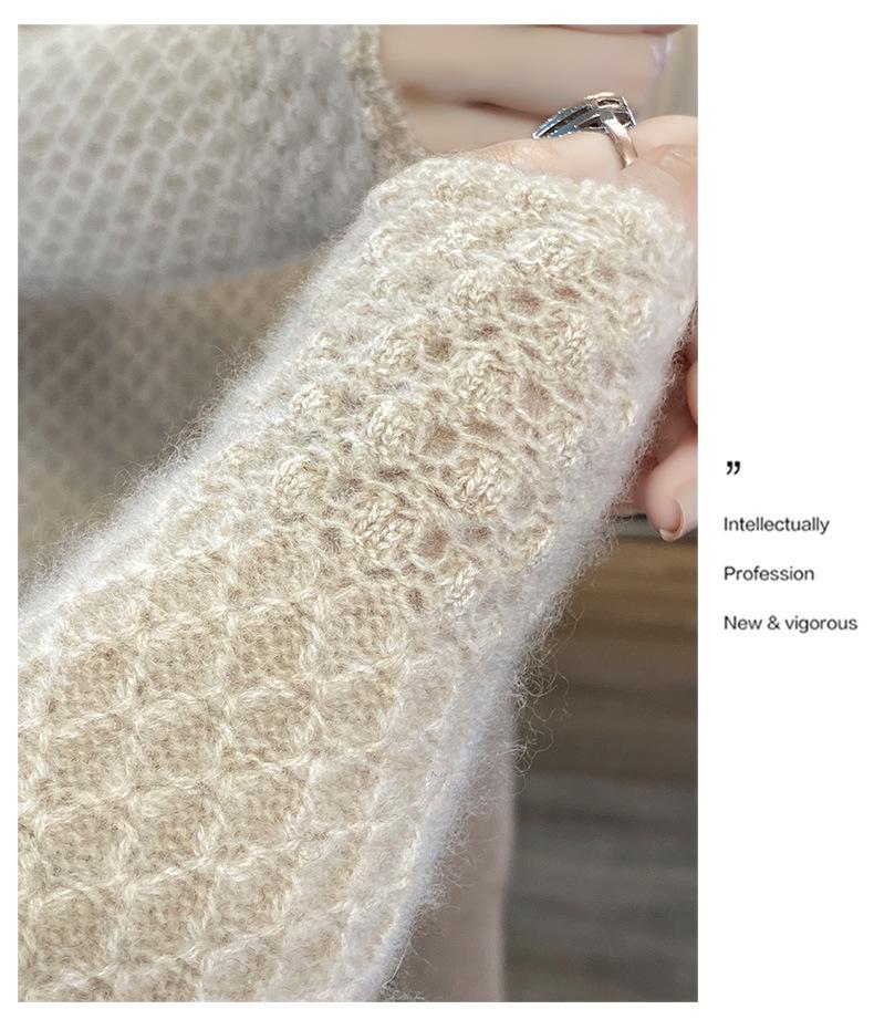 Women's Autumn Winter Thick Wool Sweater - Korean Style Half High Collar, Hollow Out Floral Design
