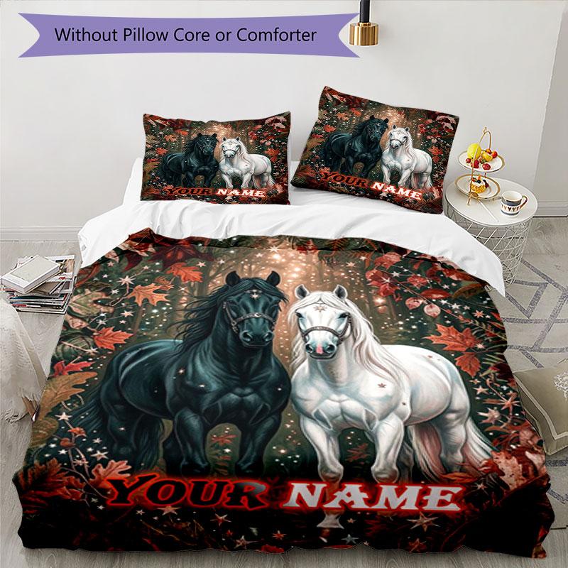 3PC Custom Name Autumnal Horse Pair bedding,soft and breathable,2D flat print,room decor.,Poster Three-piece set,Soccer Three-piece set,Art,Poster,Soc
