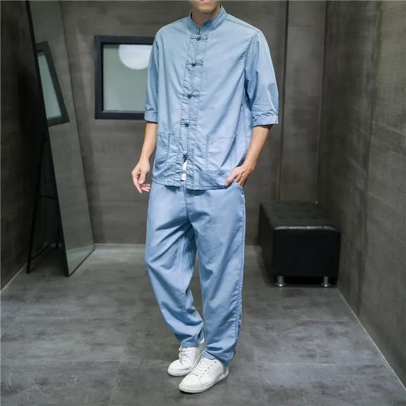 Летний мужской джинсовый костюм с воротником-стойкой, тонкая джинсовая рубашка со средней длиной рукава и пряжкой-диском в китайском стиле, верхние брюки