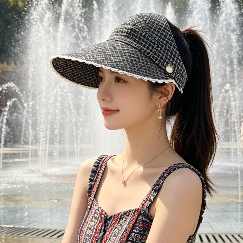 Summer new plaid big brim empty top hat outdoor riding shading hollow sunscreen hat can be ponytail bucket hat