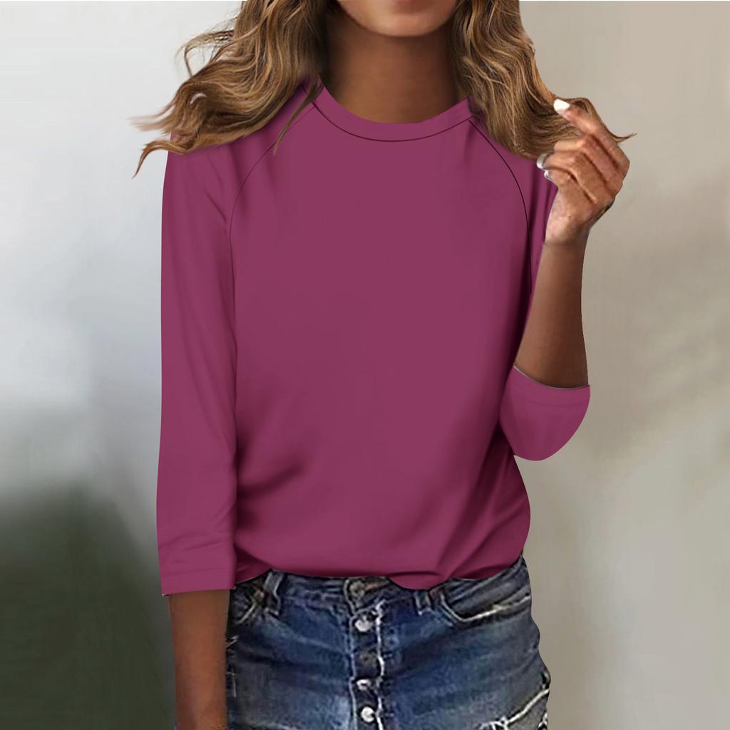 Shirt For Women's Fashion Casual Raglan Sleeve Round Neck 3/4 Sleeve Loose Solid Color T-Shirt Ladies Top
