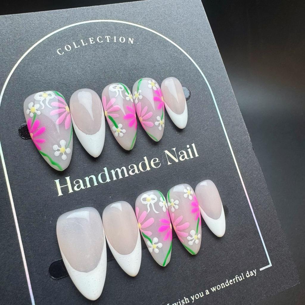 Индивидуальные накладные ногти, расписанные вручную весенними цветами, эксклюзивно уникальные миндалевидные накладные ногти ручной работы, дизайн в западном стиле с осветляющим эффектом