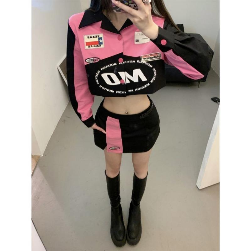 Y2k Cropped Racing Jacket Women Vintage Streetwear Korean Fashion Short Motorcycle Jackets Biker Coats Kpop Bomber Tops