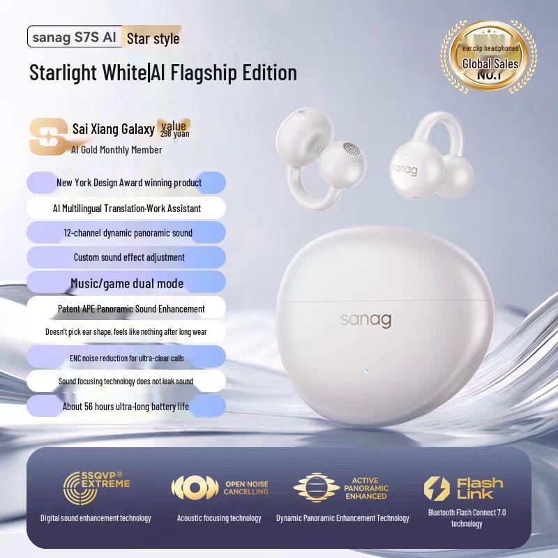 Bluetooth-наушники-клипсы Sanag S7S с ИИ-переводом и костной проводимостью для спорта 2025 года - Открытая конструкция, не затыкающая уши