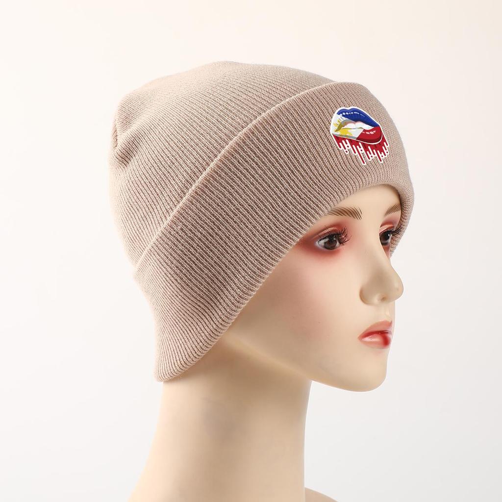 Lip Flag of Philipines Winter Knit Hat Beanie, Patriotic Skull Cap Thermal Slouchy Solid Bonnet Knitted Cap Beanie