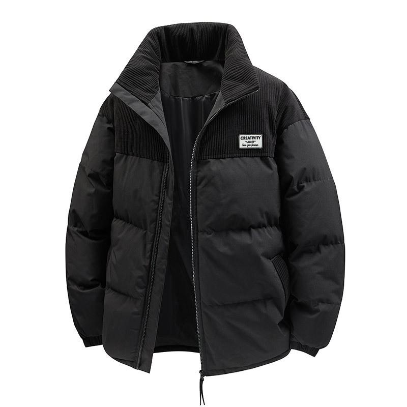 Mens Winter Puffer Jacket Thick Cotton Coat Color Block Corduroy Stand Collar Short Length Teens