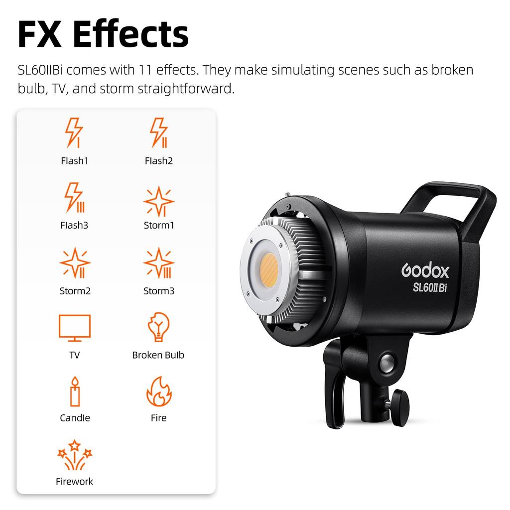 Godox SL60IIBi 75W LED Video Bowens Mount Dual Color Brightness App Подходит для освещения неподвижной видеосъемки, 25100 Люкс при 5600 К, температура, 0% -100%