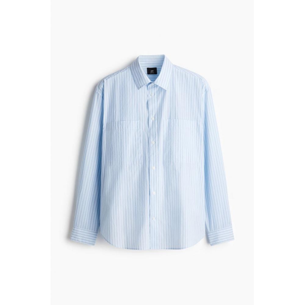 H M Loose Fit Poplin sHirt ligHt Blue Striped