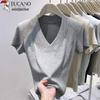 Женская облегающая футболка в рубчик с V-образным вырезом и коротким рукавом
