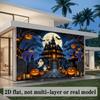 2D flat, Halloween-themed background cloth, including castle haunted house, jack-o-lanterns, ghosts, bats, tombstones