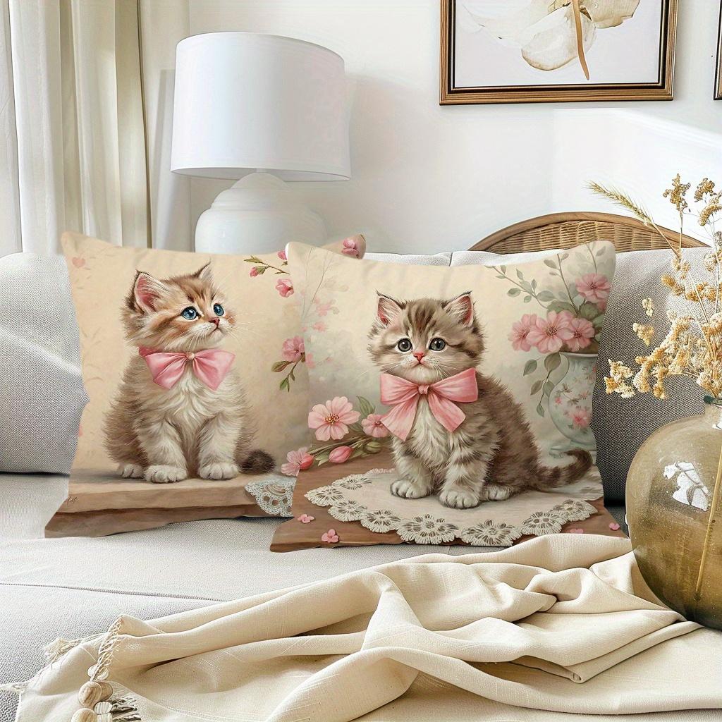Cottagecore Style Pillow Covers, Sweet Kitten With Pink Bow Floral Print Cushion Cases, Cozy Home Decor For Bedroom Living Room