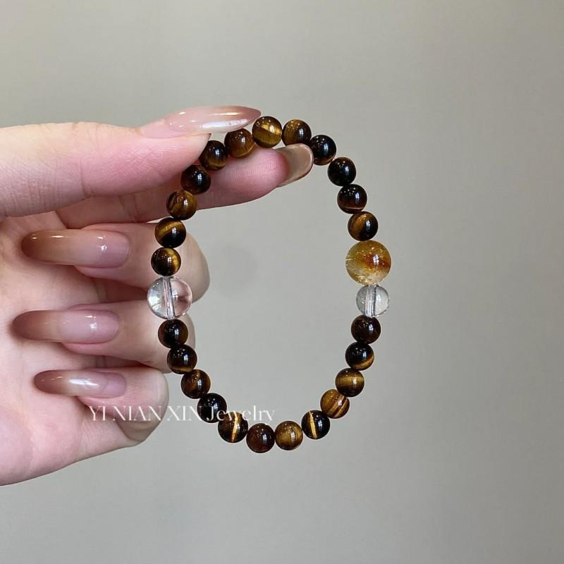 Sun Moon Gold Plated Natural Yellow Tiger Eye White Crystal Bracelet Fall New Chinese Vintage Maillard Style Women