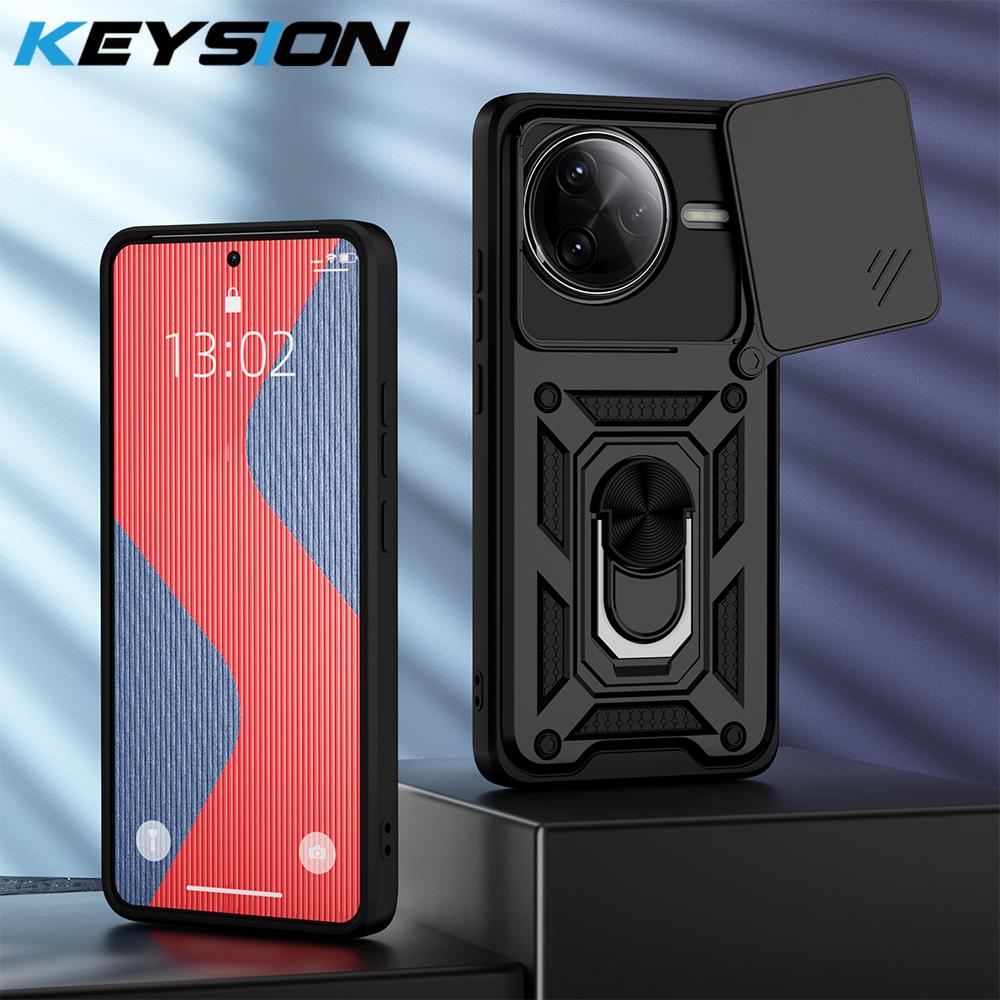 KEYSION Противоударный чехол для POCO F7 Pro Silicone+PC Slide Camera Lens Protection Ring Stand Phone Cover для Xiaomi POCO F7 Pro