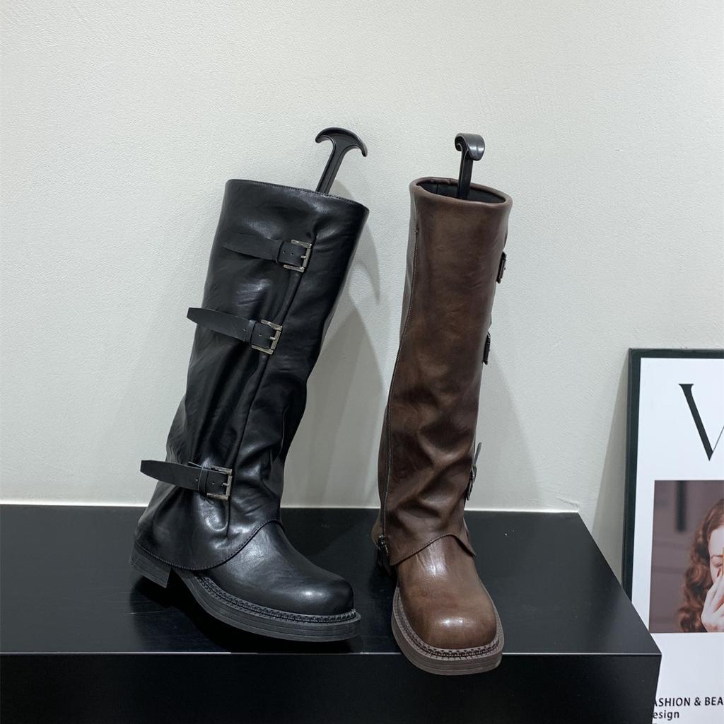 Коричневые ботфорты на толстой подошве Maillard женские ботинки 2025 новая осень и зима черные ботинки-локомотивы средней высоты