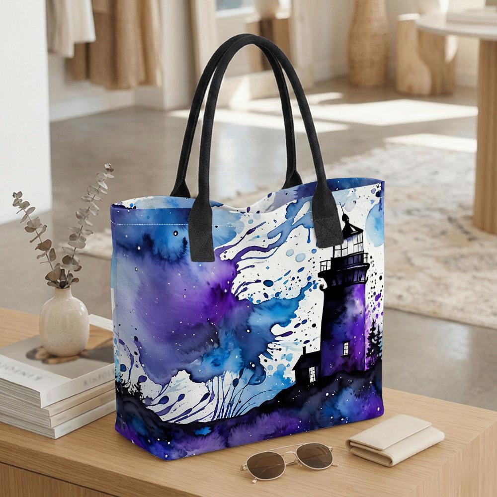 Watercolor Lighthouse Pattern Casual Tote Bag Large Capacity Reusable Daily Shoulder Bag for Women